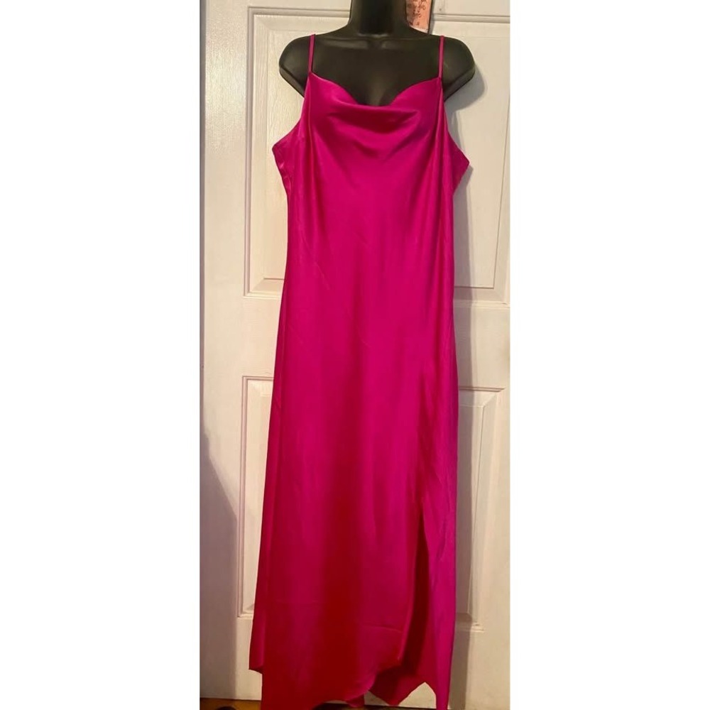 Magenta Pink Satin Slip Dress sz XL Side Slit Adjustable Straps